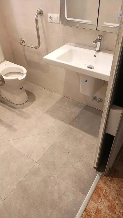 Baño adaptado con barra de apoyo, lavabo suspendido e inodoro adaptado