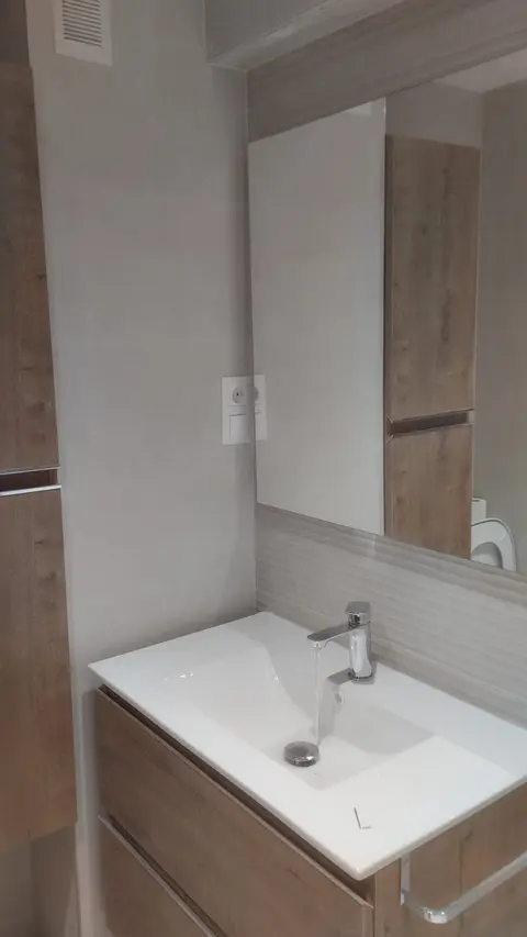 Lavabo con mueble de roble, columna de almacenaje y espejo grande